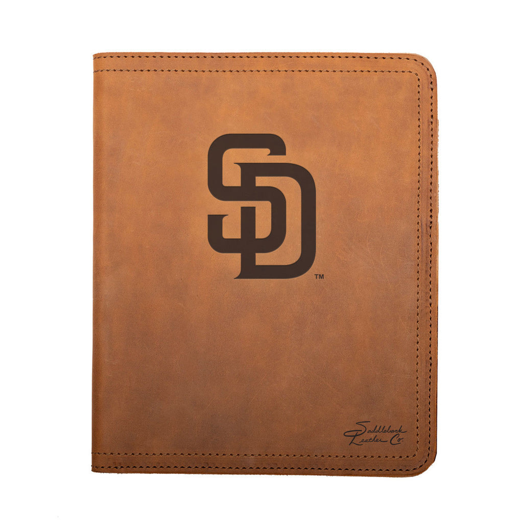 Leather Portfolio - San Diego Padres in Tobacco, closed, front view with SD logo and stitched edges