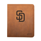 Leather Portfolio - San Diego Padres in Tobacco, closed, front view with SD logo and stitched edges