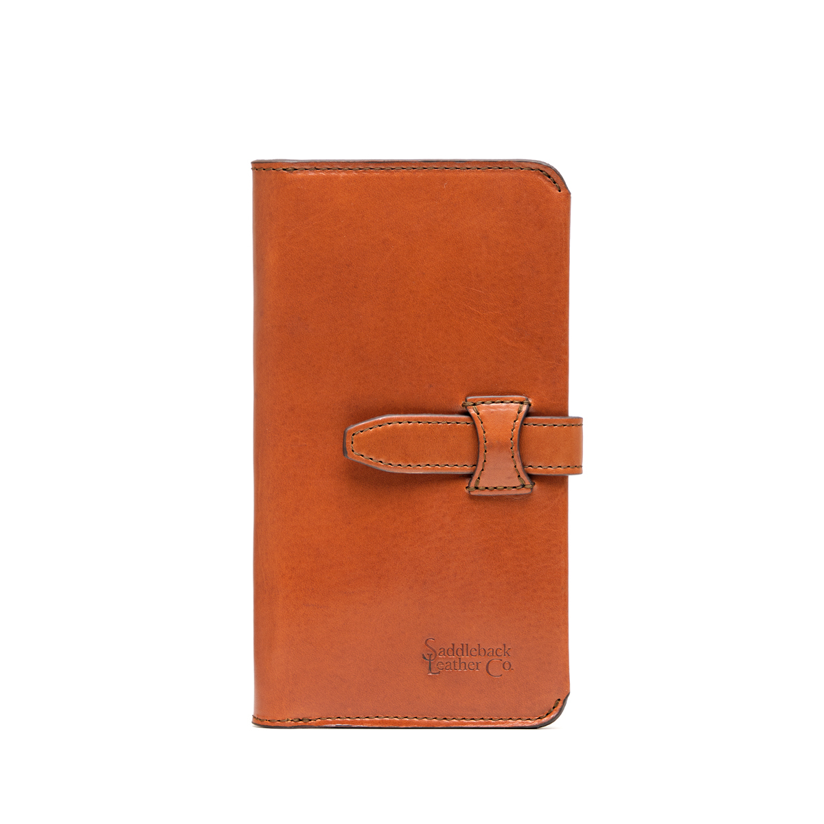 Big Wallet-Silverback in English Tan, closed front view with tab strap closure and debossed logo