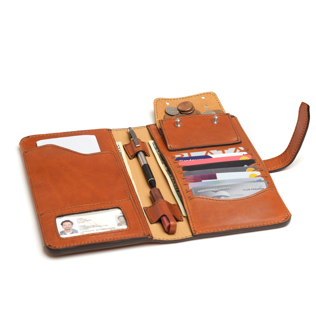 Big Wallet-Silverback in English Tan, open and filled with cards, cash, coins, pens and an ID in the window