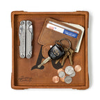 Oakland Athletics Leather Valet Tray in Tobacco, top-down view holding a multi-tool, card wallet, keys and coins