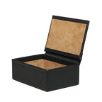 Small Organizer Box in Black, lid open showing empty tan suede-lined interior