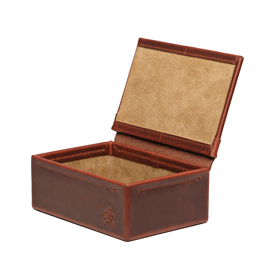 Small Organizer Box in Chestnut, lid open showing tan suede-lined interior, angled side view