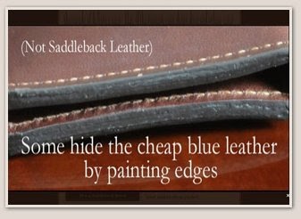 Close-up of two stitched leather edges coated in dark paint. The text reads: (Not Saddleback Leather) Some hide the cheap blue leather by painting edges.