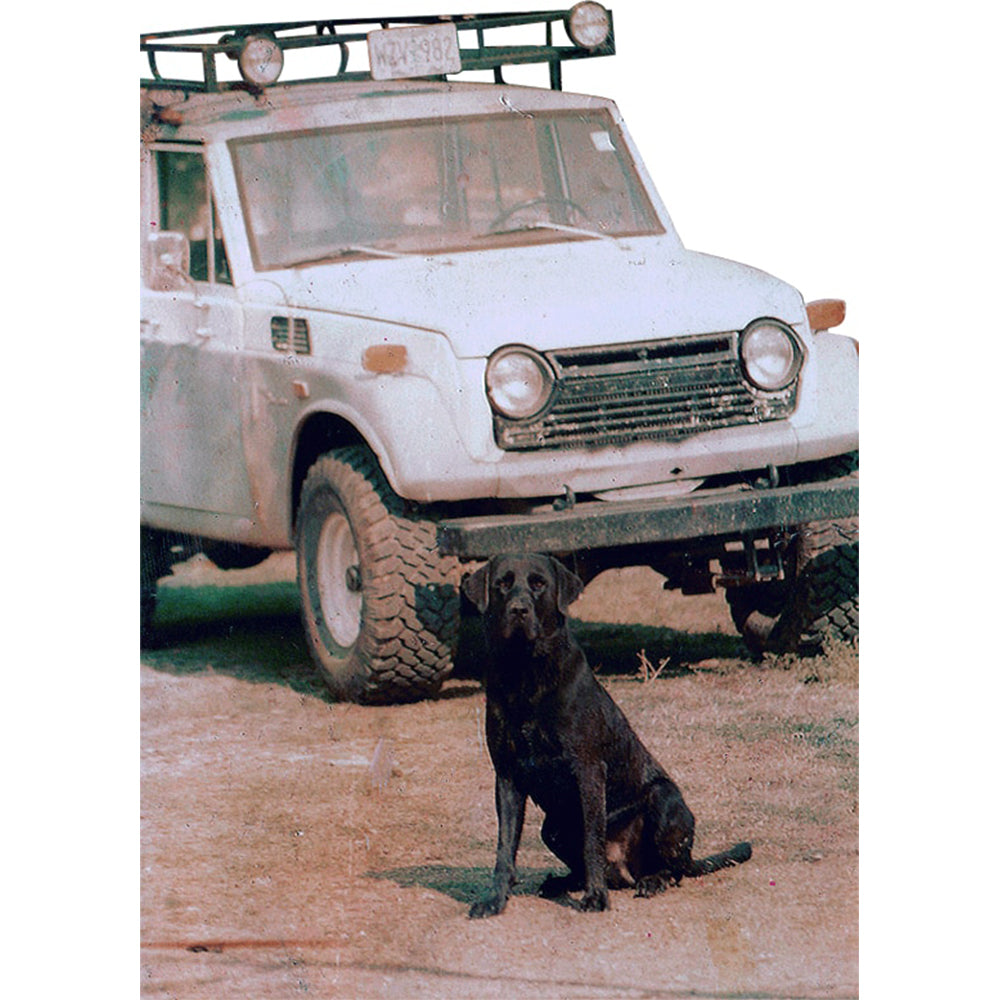 A white Land Cruiser with a safari roof rack parked on a dirt road, Blue the black Labrador sitting in front of it.