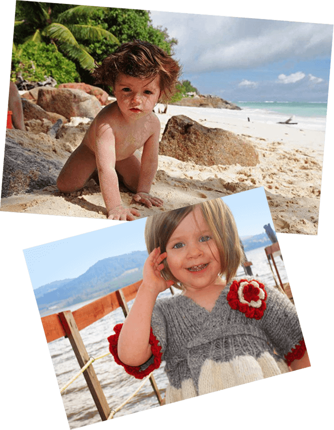 Two snapshots: a toddler crouched on a tropical beach, and a little girl wearing a red flower behind her ear.
