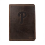 Leather Portfolio - Philadelphia Phillies in Dark Coffee Brown, closed, front view with script P logo and stitched edges