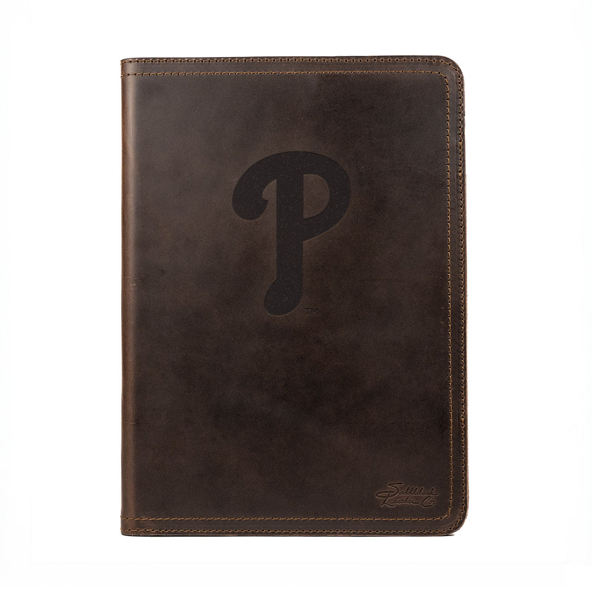 Leather Portfolio - Philadelphia Phillies in Dark Coffee Brown, closed, front view with script P logo and stitched edges