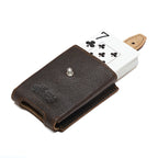 Leather Playing Cards Case in dark brown, opened with a deck of cards sliding out
