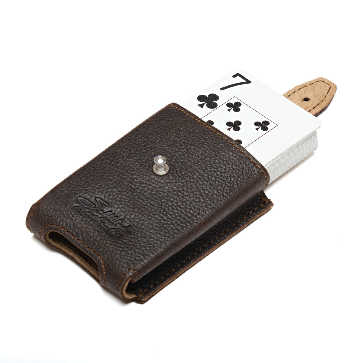 Leather Playing Cards Case in dark brown, opened with a deck of cards sliding out