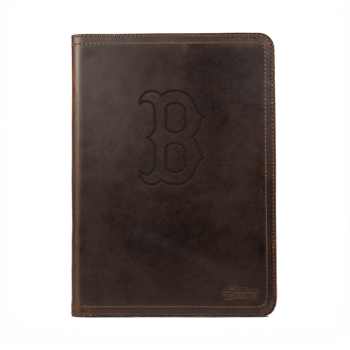 Leather Portfolio - Boston Red Sox in Dark Coffee Brown, closed, front view with B logo and stitched edges