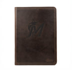 Leather Portfolio - Miami Marlins in Dark Coffee Brown, closed, front view with marlin logo and stitched edges