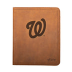 Leather Portfolio - Washington Nationals in Tobacco, closed, front view with curly W logo and stitched edges