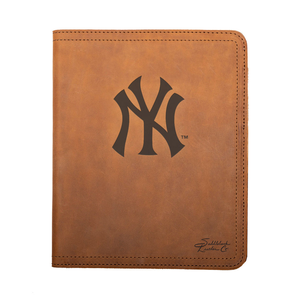 Leather Portfolio - New York Yankees in Tobacco, closed, front view with NY logo and stitched edges