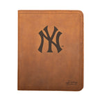 Leather Portfolio - New York Yankees in Tobacco, closed, front view with NY logo and stitched edges