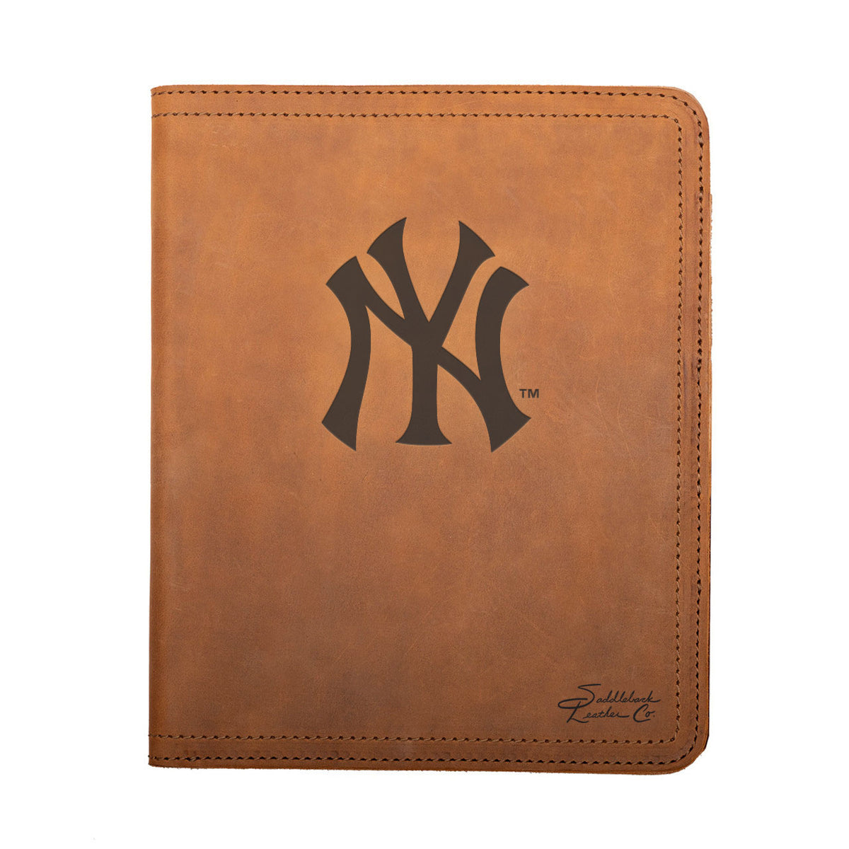 Leather Portfolio - New York Yankees in Tobacco, closed, front view with NY logo and stitched edges