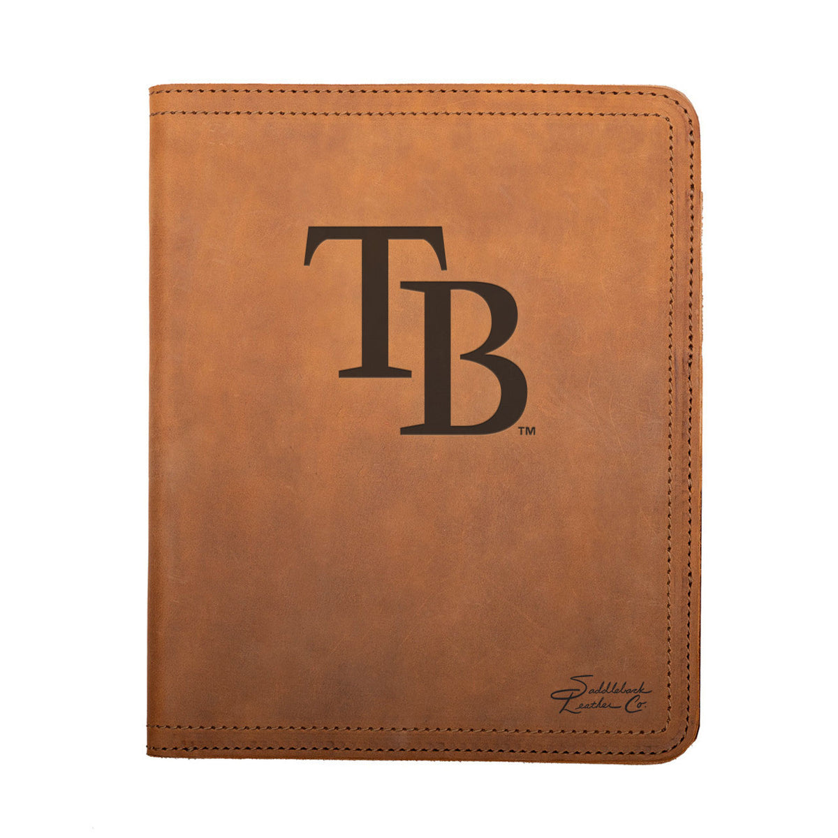Leather Portfolio - Tampa Bay Rays in Tobacco, closed, front view with TB logo and stitched edges