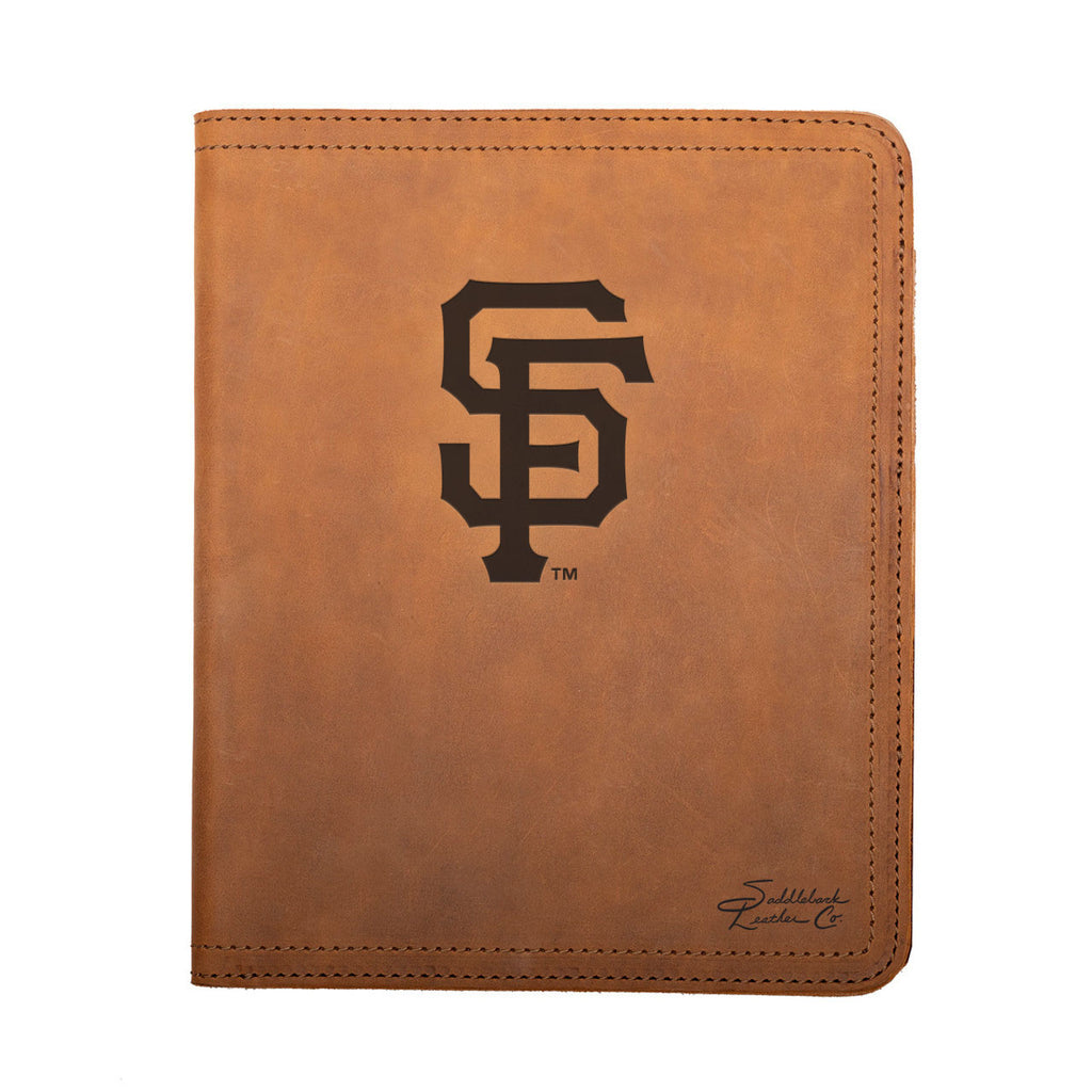 Leather Portfolio - San Francisco Giants in Tobacco, closed, front view with SF logo and stitched edges