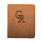 Leather Portfolio - Colorado Rockies in Tobacco, closed, front view with CR logo and stitched edges