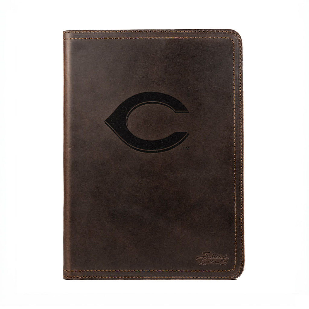 Leather Portfolio - Cincinnati Reds in Dark Coffee Brown, closed, front view with wishbone C logo