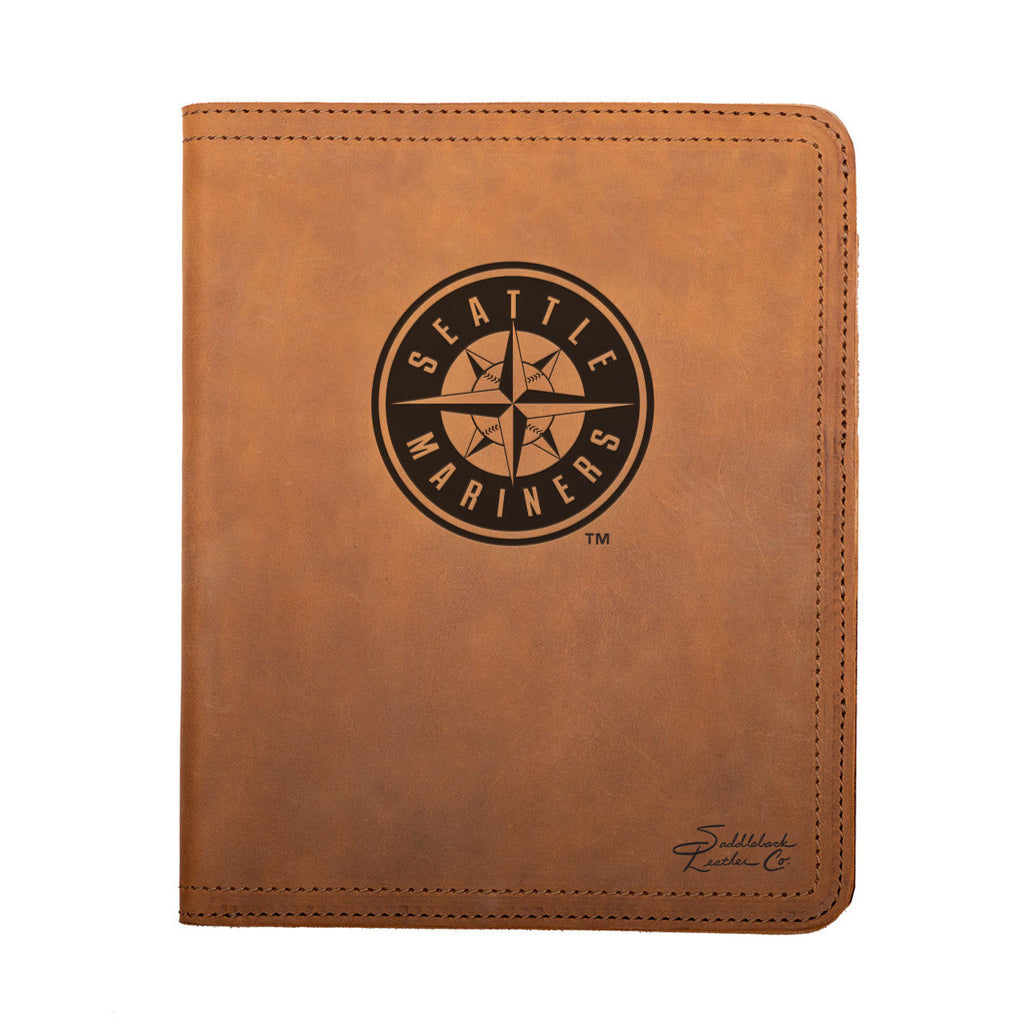 Leather Portfolio - Seattle Mariners in Tobacco, closed, front view with compass rose logo and stitched edges