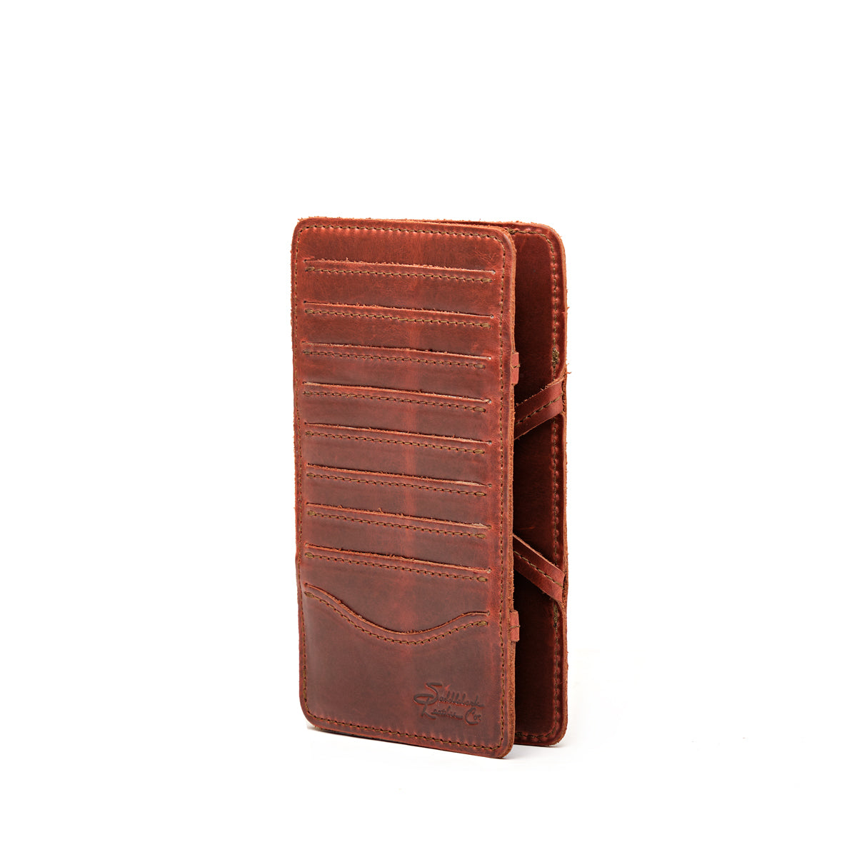 Large Magic Wallet in Chestnut standing upright, showing the side with stacked card slots