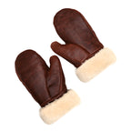 Sheepskin Mittens in reddish brown leather with cream shearling cuffs, pair laid flat showing the palms