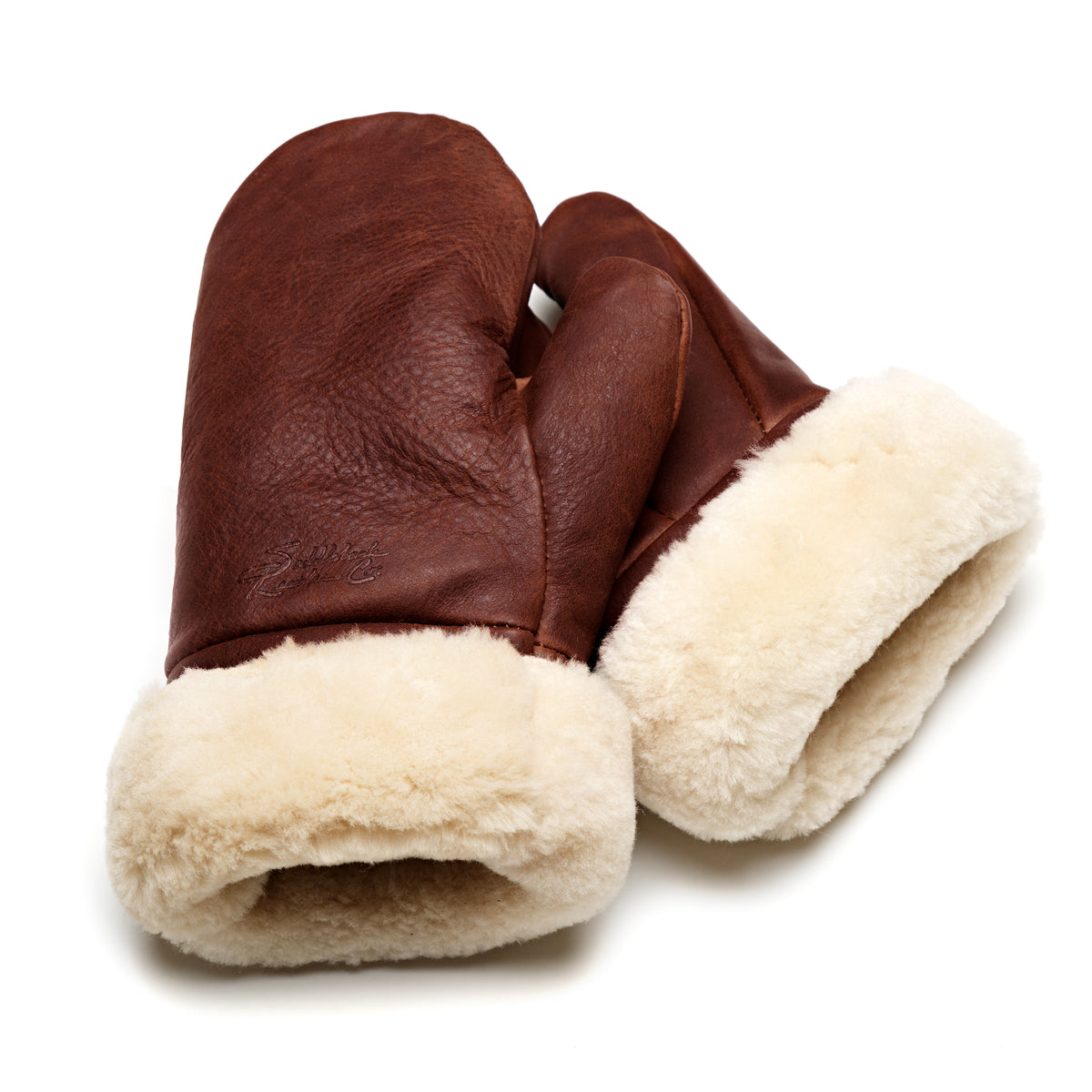 Sheepskin Mittens in reddish brown leather with cream shearling cuffs, pair angled front view