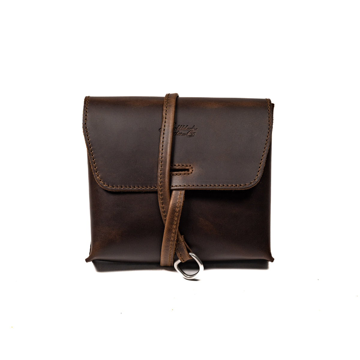 Leather Organizer Bag in Dark Coffee Brown, straight-on front view with flap closure and strap looped through a ring