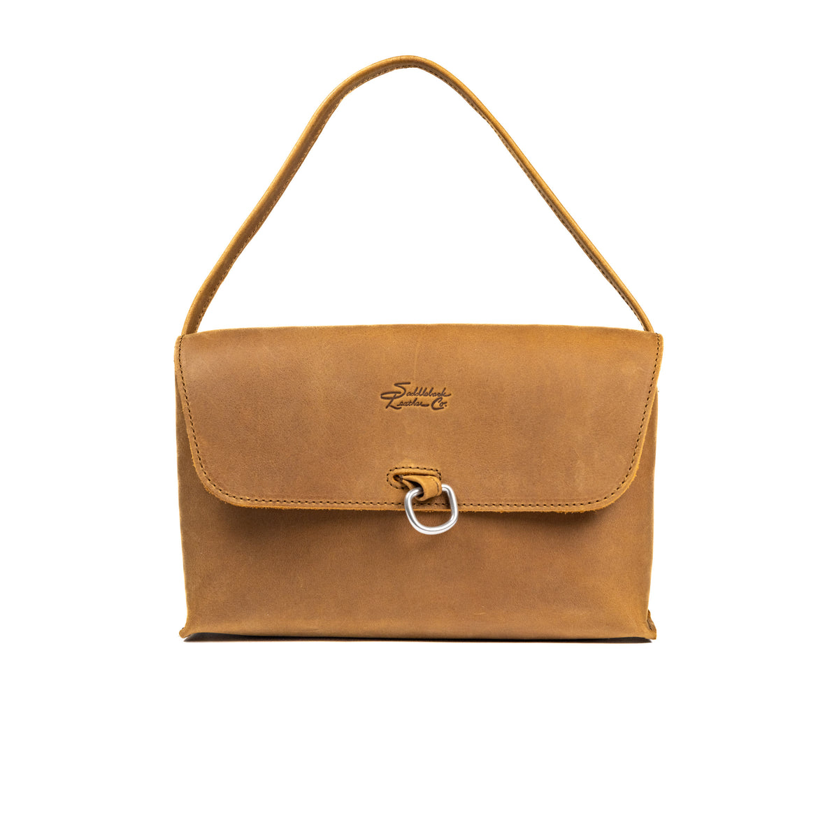 Large Leather Organizer Bag in Tobacco, tie looped up as a carry handle, metal ring on the closed flap
