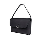 Large Leather Organizer Bag in Black, angled view with tie looped up as a carry handle and metal ring on the flap