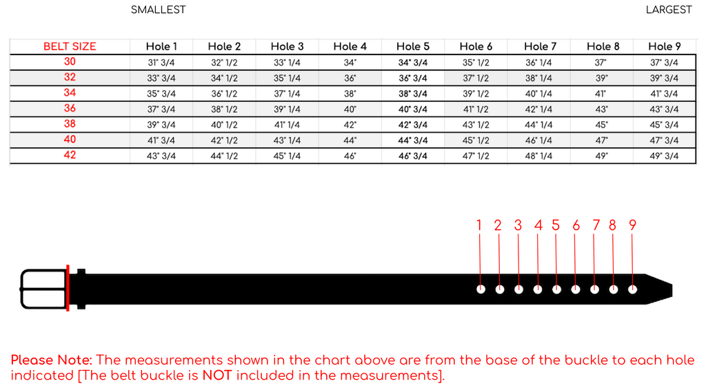 Leather Tow Belt size chart showing each hole's distance from the buckle base for sizes 30 to 42