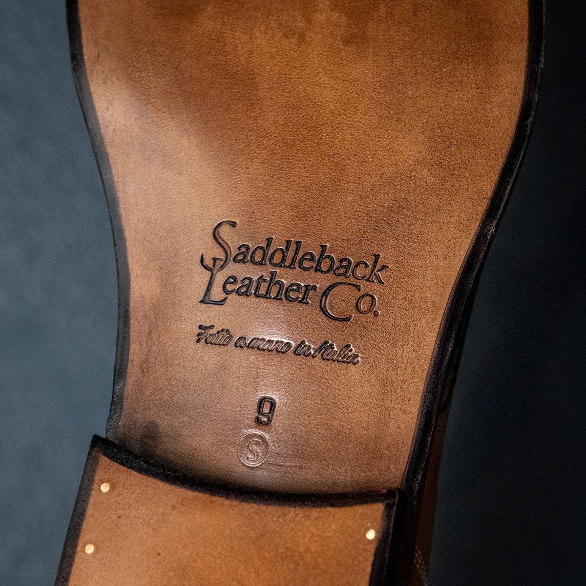 Officer Boot leather sole with embossed Saddleback Leather Co. logo, made in Italy