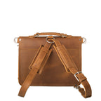 Thin Front Pocket Leather Briefcase in Tobacco, back view in backpack mode with straps attached