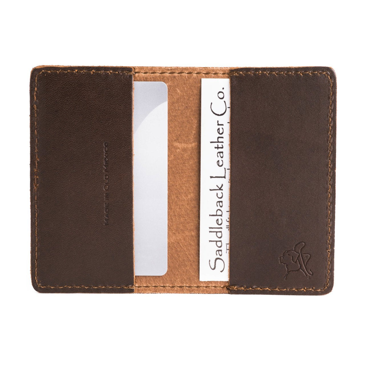 Atlanta Braves Leather Business Card Holder in Dark Coffee Brown opened flat with cards in both inner pockets