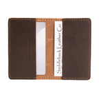 Boston Red Sox Leather Business Card Holder in Dark Coffee Brown opened flat with cards in both inner pockets