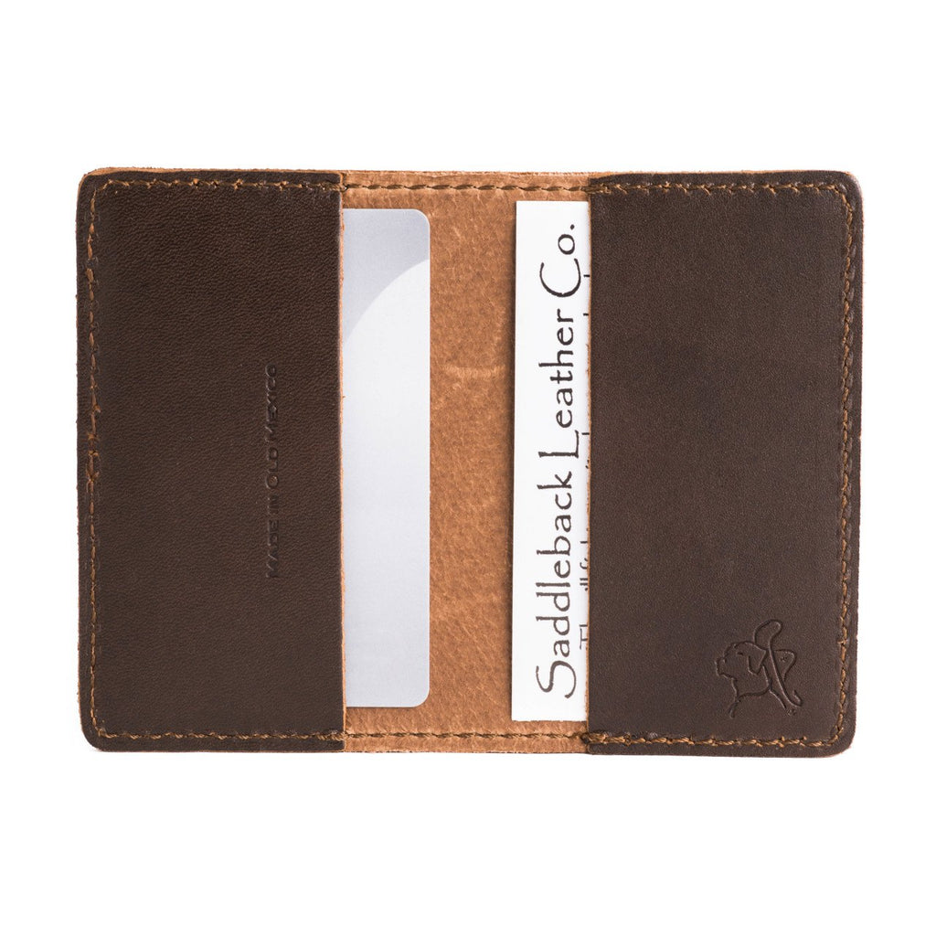 Colorado Rockies Leather Business Card Holder in Dark Coffee Brown opened flat with cards in both inner pockets