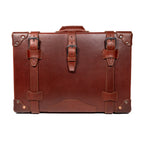 Grandfather Carry On in Chestnut, front view with three buckle straps and riveted corner caps