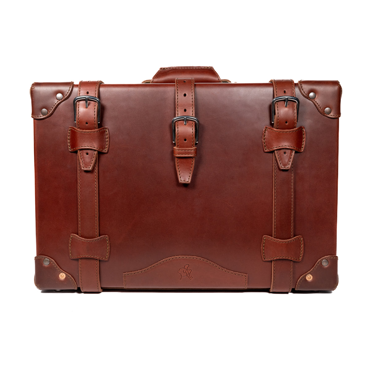 Grandfather Carry On in Chestnut, front view with three buckle straps and riveted corner caps