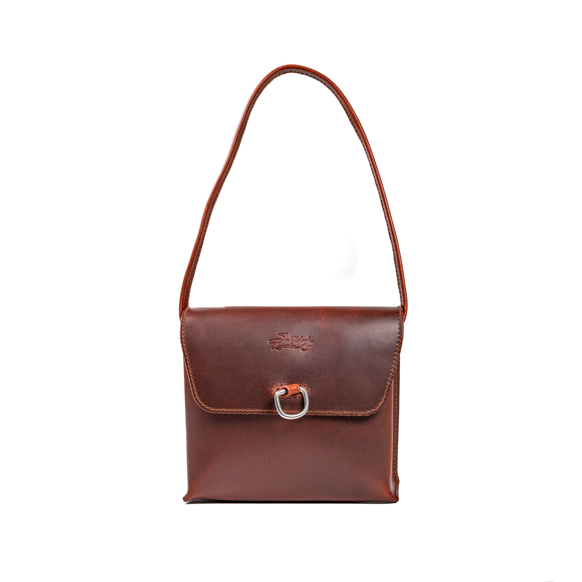 Leather Organizer Bag in Chestnut, front view hanging from its strap with flap and metal ring closure