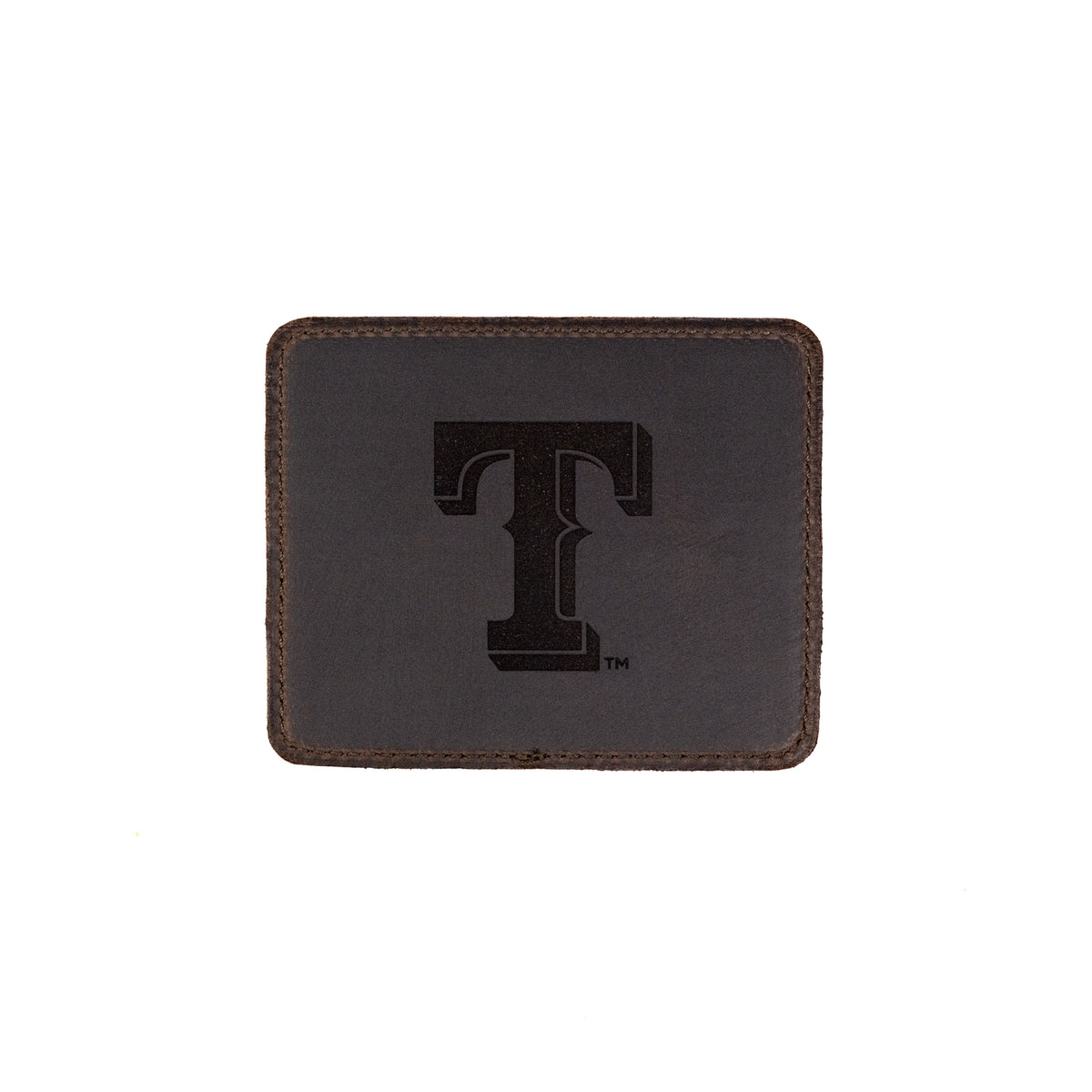 Texas Rangers Leather Coaster in Dark Coffee Brown, single coaster top view with embossed T logo
