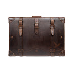 Grandfather Suitcase in Dark Coffee Brown, front view with three buckle straps and riveted corner caps