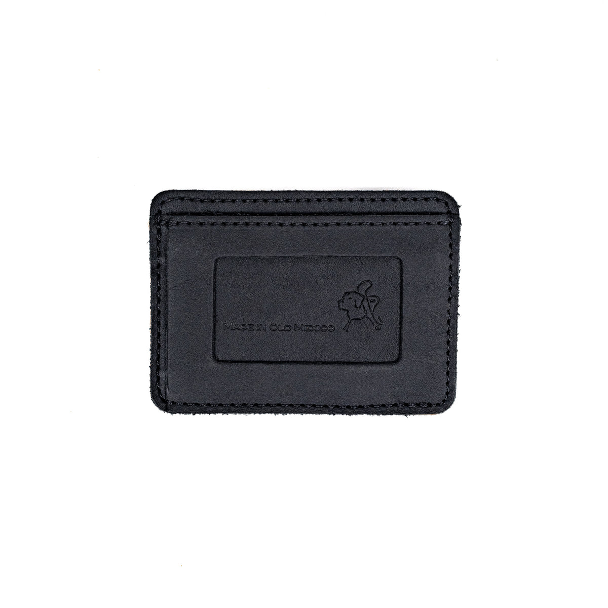 Front Pocket Leather ID Wallet in Black, back view with stamped panel and emblem