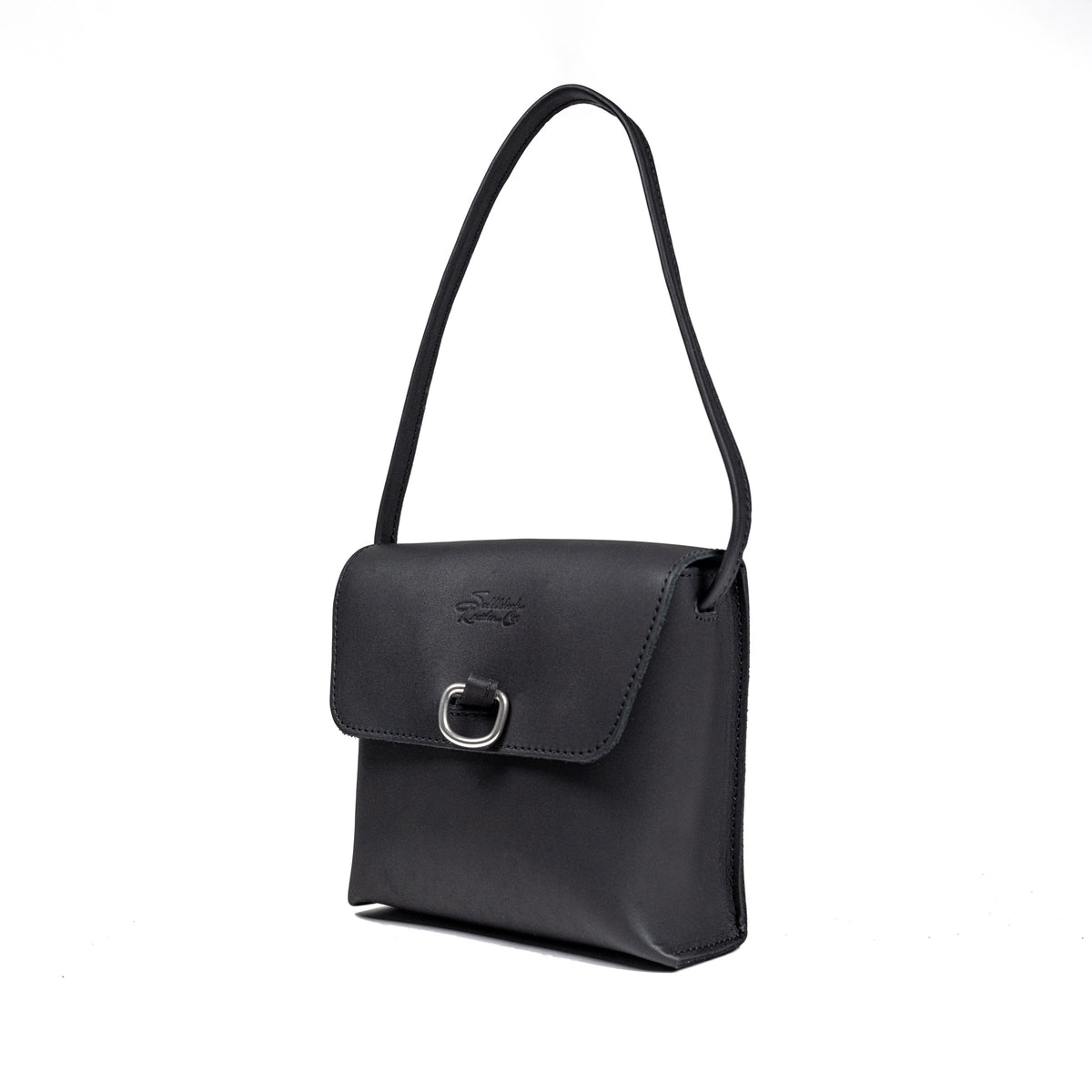Leather Organizer Bag in Black, angled view hanging from its strap with flap and metal ring closure