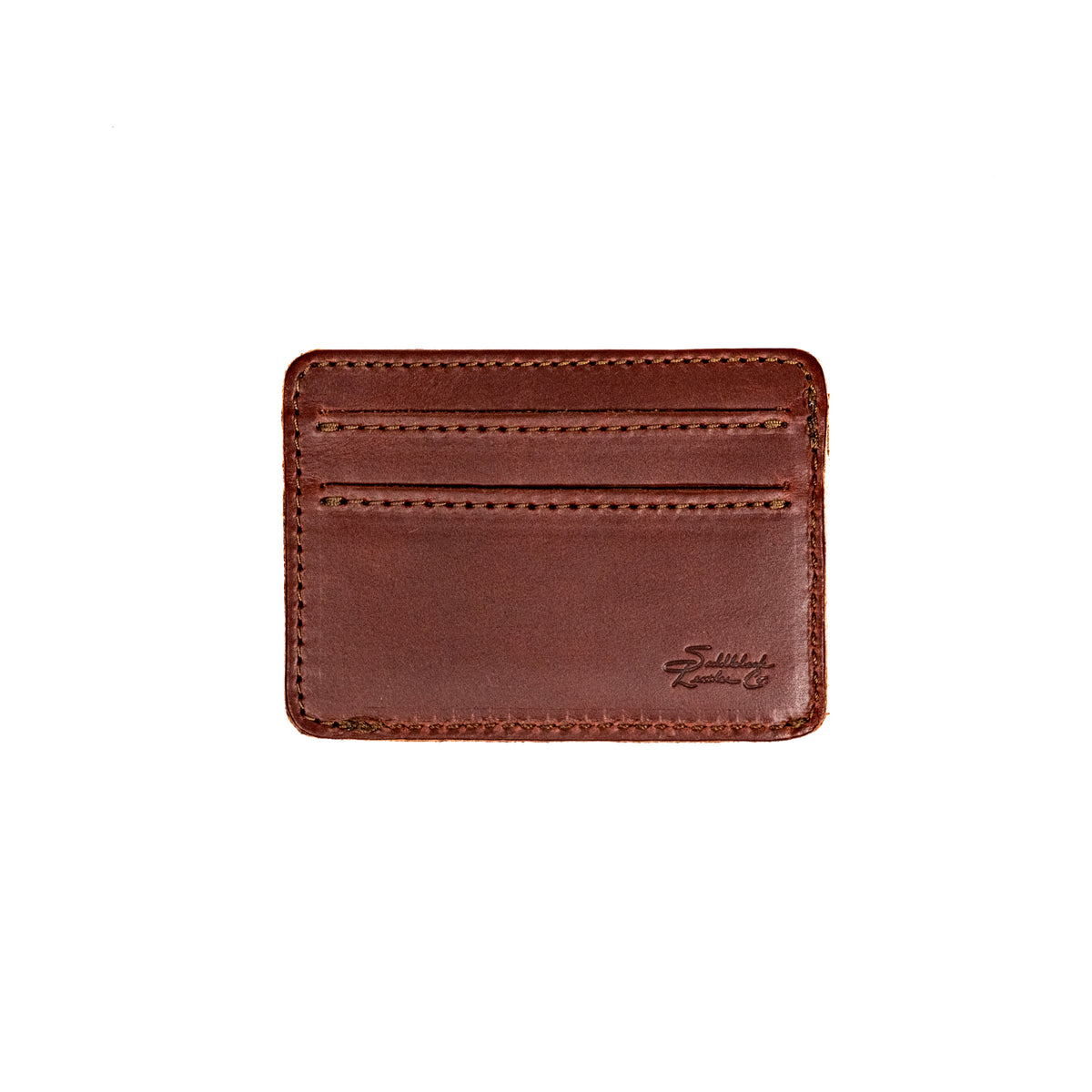 Front Pocket Leather ID Wallet in Chestnut, flat front view with two stitched card slots and embossed logo