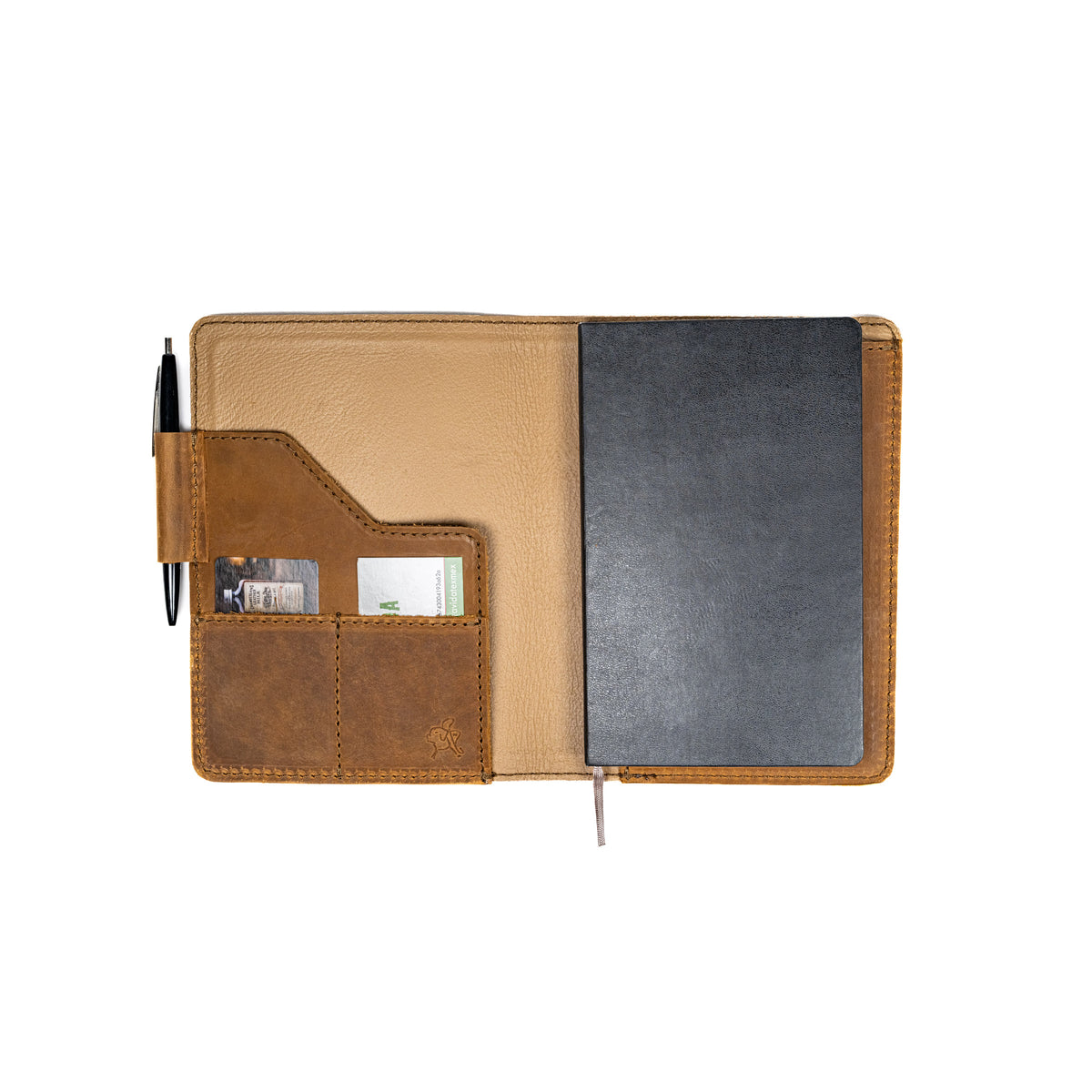 Leather Journal Cover - Minnesota Twins in Tobacco, open with a black notebook, pen and cards inside