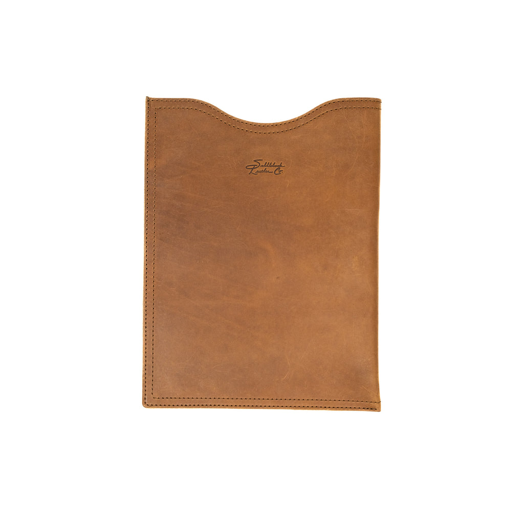 14" Vertical Laptop Sleeve in Tobacco, front view with curved top opening and logo
