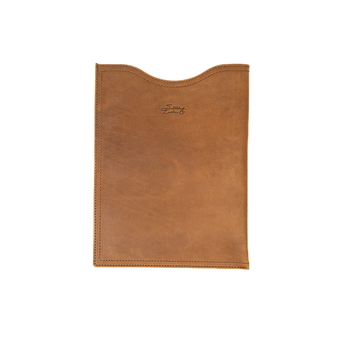 14" Vertical Laptop Sleeve in Tobacco, front view with curved top opening and logo