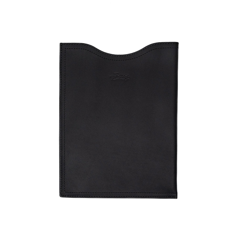 14" Vertical Laptop Sleeve in Black, front view with curved top opening and logo