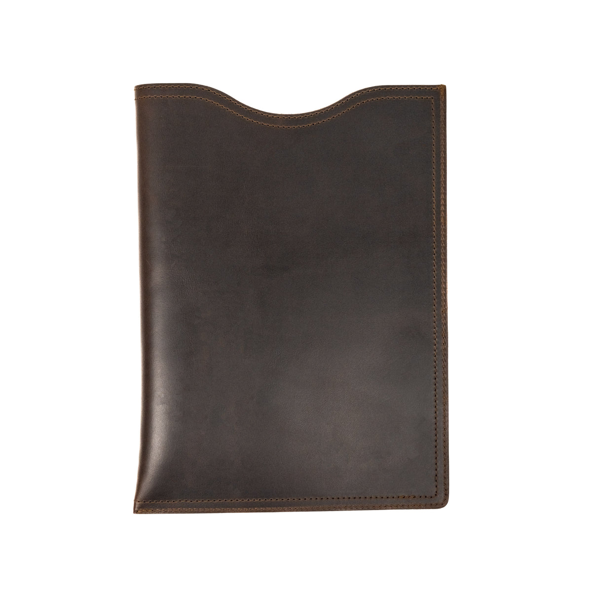 16" Vertical Laptop Sleeve in Dark Coffee Brown, back view with curved top opening and stitched edges